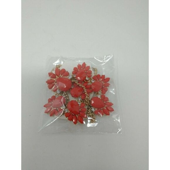 Coral Red Stone With Gold and CZ Accents Flower - Picture 1 of 5